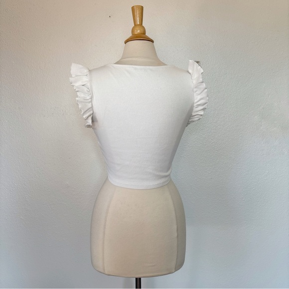 Zara Solid White Ruffle Sleeve Ruched & Ribbed Crop Top - Picture 6 of 6